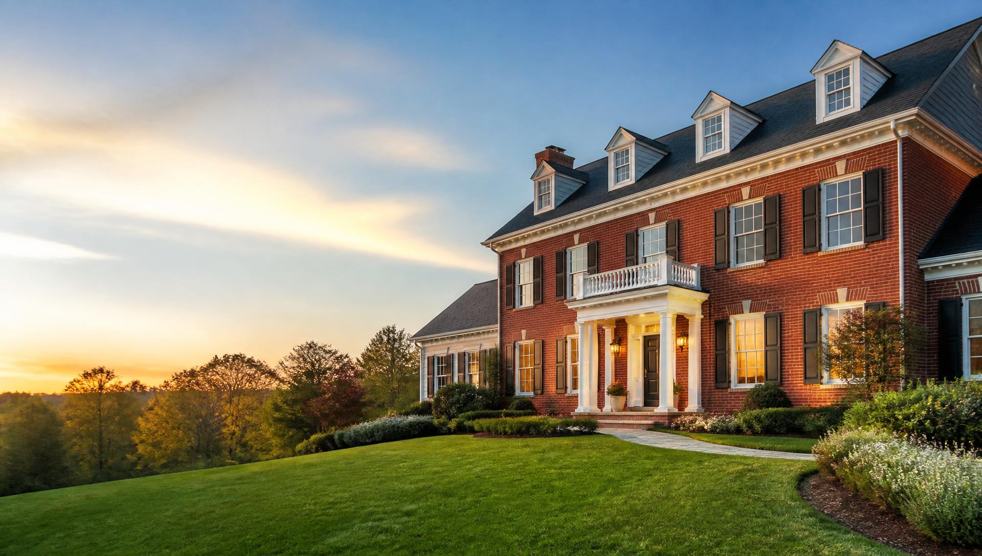 Renovated brick colonial home in Northern Virginia at golden hour